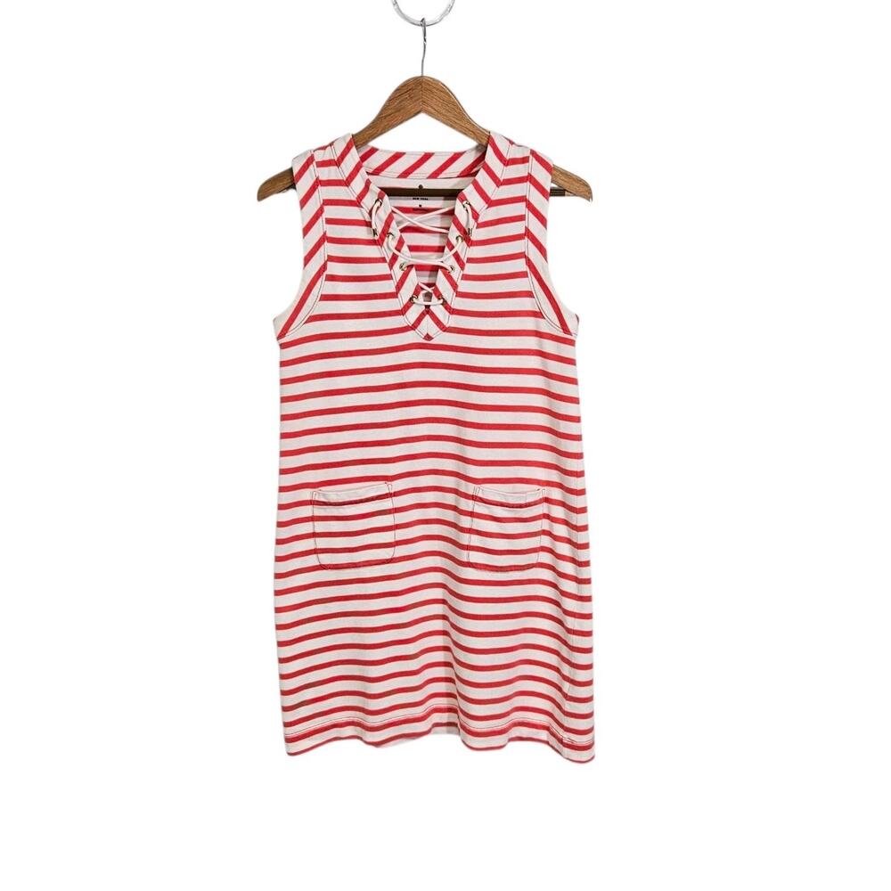 Kate Spade Red & White Striped Cotton Lace Up Neckline Sleeveless Dress Medium
